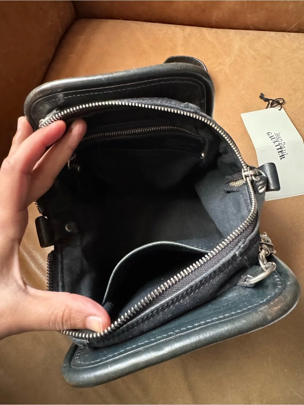 Jean Paul Gaultier Dark Green Leather Crossbody Chain Strap and short handles